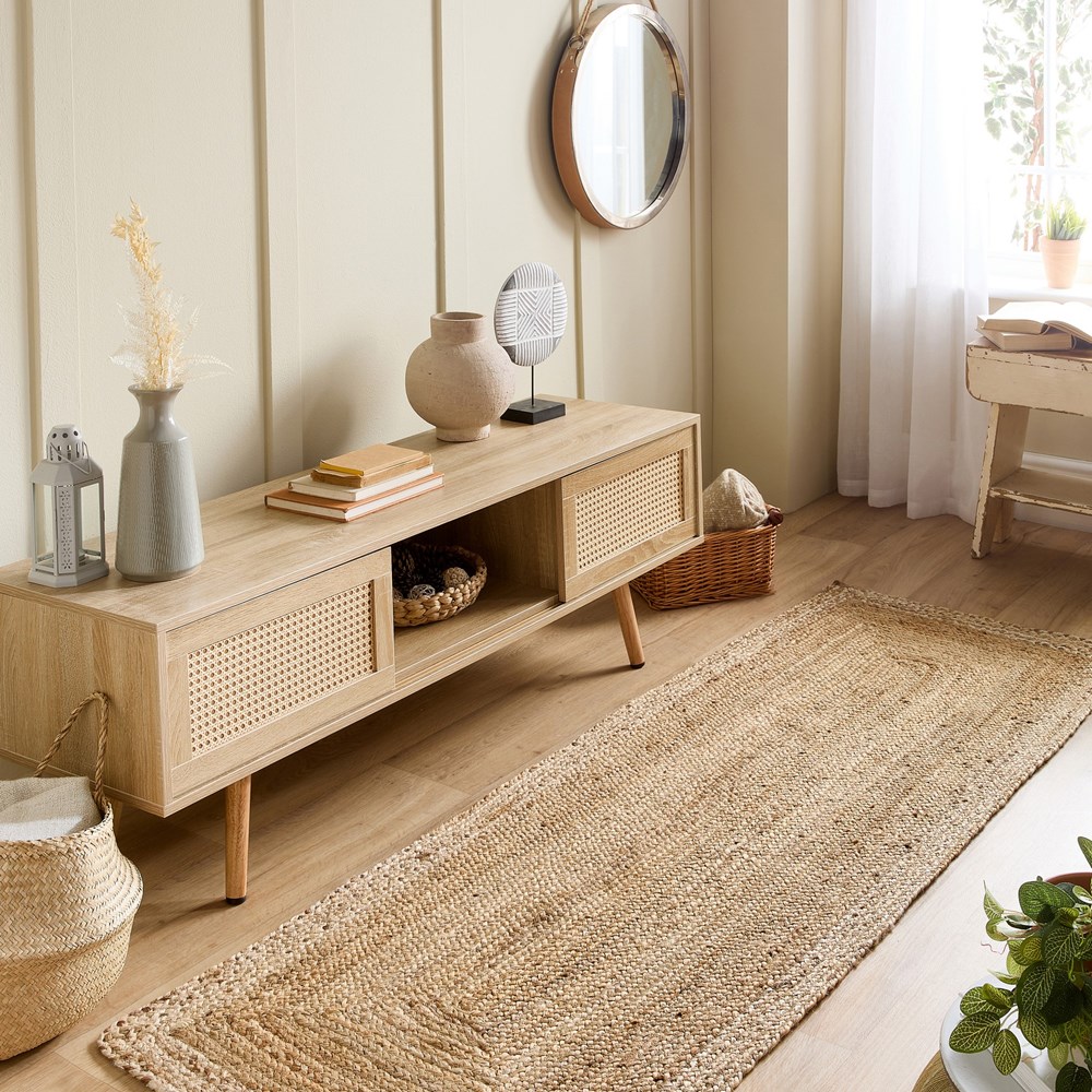 Jute Bordered Natural Plain Runner Rugs in Natural White